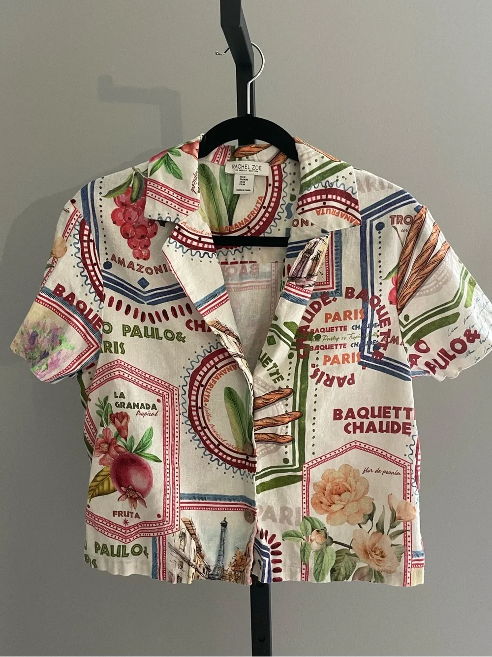 Rachael Zoe Linen Blend Brazil Novelty Print Blouse Size Medium